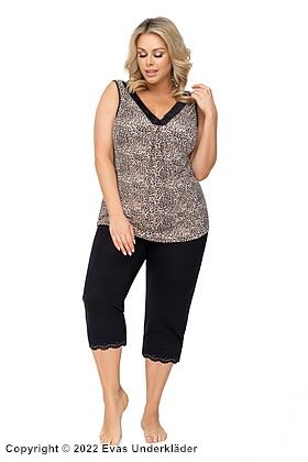 Pyjamas / morgenkåpe, kniplinger, V-utringning, leopard, plus size